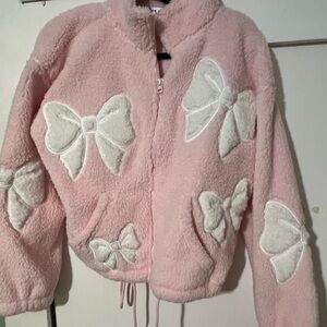Pink Fuzzy Jacket with White Bows